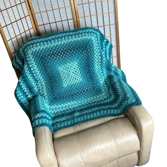 Handmade Crochet Teal Blue Green Throw Blanket - Picture 6 of 12